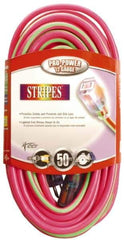 Southwire - 50', 12/3 Gauge/Conductors, Pink/Lime Green Outdoor Extension Cord - 1 Receptacle, 15 Amps, 125 VAC, UL SJTW, NEMA 5-15P, 5-15R - Exact Tool & Supply