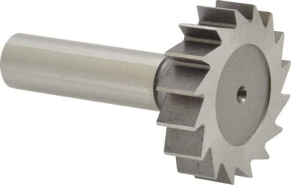 Made in USA - 1-1/2" Diam x 3/8" Face Width, High Speed Steel, 16 Teeth, Shank Connection Woodruff Keyseat Cutter - Uncoated, 2-3/8" OAL x 1/2" Shank, Straight Teeth, ANSI 1212, Old Standard G - Exact Tool & Supply