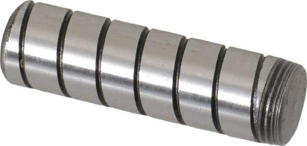 Jergens - 7/16" Diam x 1-1/2" Pin Length Alloy Steel Grooved Dowel Pin - C 47-58 & C 60-64 (Surface) Hardness, 1 Beveled & 1 Threaded End - Exact Tool & Supply