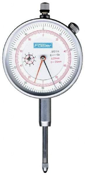 Fowler - 1" Range, 0-100, 0-200-0 Dial Reading, 0.001" Graduation Dial Drop Indicator - 2-1/4" Dial, 0.1" Range per Revolution, Revolution Counter - Exact Tool & Supply