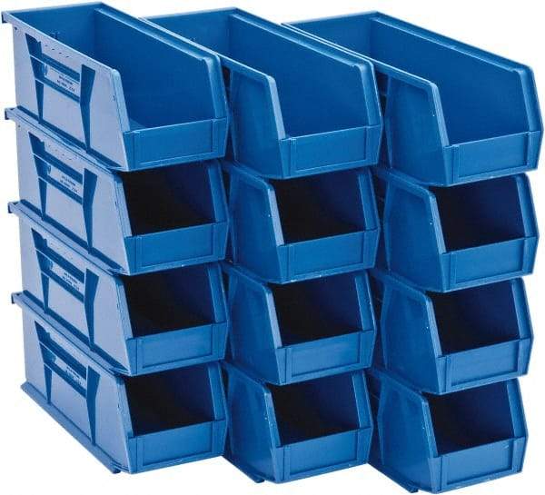 Quantum Storage - 30 Lb. Load Capacity, 10-7/8" Deep, Blue Polypropylene Hopper Stacking Bin - 4" High x 4-1/8" Wide x 10-7/8" Long - Exact Tool & Supply