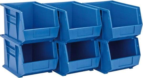 Quantum Storage - 50 Lb. Load Capacity, 10-3/4" Deep, Blue Polypropylene Hopper Stacking Bin - 7" High x 8-1/4" Wide x 10-3/4" Long - Exact Tool & Supply