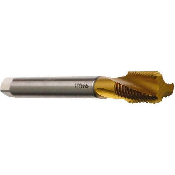 Emuge - M6x2.00 Metric Coarse 3 Flute 6H Bottoming Spiral Flute Tap - Cobalt, TiN Finish, 110mm OAL, Right Hand Flute, Right Hand Thread - Exact Tool & Supply