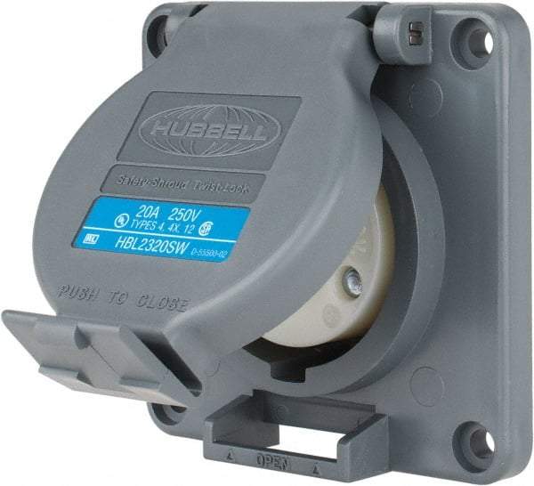 Hubbell Wiring Device-Kellems - 250 VAC, 20 Amp, L6-20R NEMA, Self Grounding Receptacle - 2 Poles, 3 Wire, Female End, Gray - Exact Tool & Supply