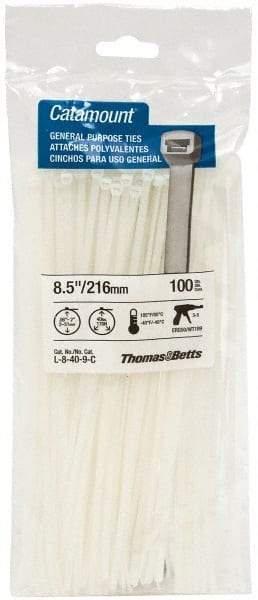Thomas & Betts - 8-1/2" Long Natural (Color) Nylon Standard Cable Tie - 40 Lb Tensile Strength, 1.13mm Thick, 4" Max Bundle Diam - Exact Tool & Supply