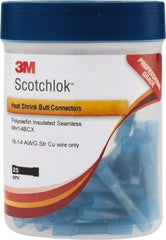 3M - 16 to 14 AWG Compatible, Heat Shrink & Nylon Fully Insulated, Crimp-On Butt Splice Terminal - 2 Wire Entries, Blue - Exact Tool & Supply