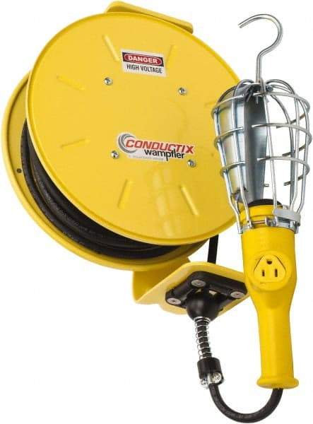 Conductix - 16 AWG, 25' Cable Length, Cord & Cable Reel with Incandescent Hand Lamp End - 1 Outlet, NEMA 5-15R, 10 Amps, 125 Volts, SOOW-A Cable, Yellow Reel, Spring Driven Reel - Exact Tool & Supply