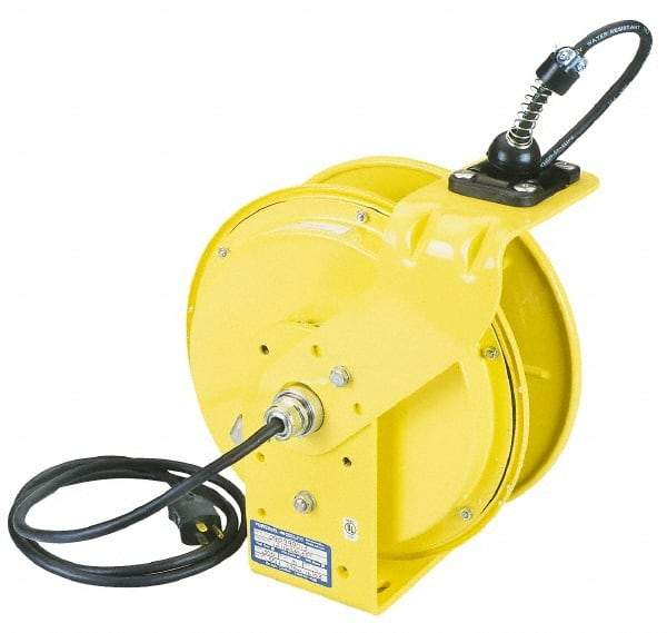 Conductix - 16 AWG, 35' Cable Length, Cord & Cable Reel with Outlet End - 3 Outlets, NEMA 5-15R, 10 Amps, 125 Volts, SOOW-A Cable, Yellow Reel, Spring Driven Reel - Exact Tool & Supply