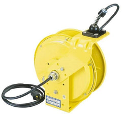 Conductix - 16 AWG, 35' Cable Length, Cord & Cable Reel with Outlet End - 3 Outlets, NEMA 5-15R, 10 Amps, 125 Volts, SOOW-A Cable, Yellow Reel, Spring Driven Reel - Exact Tool & Supply