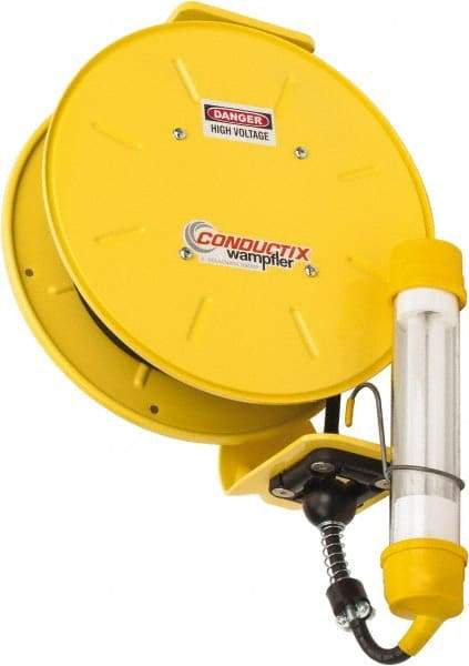 Conductix - 16 AWG, 35' Cable Length, Cord & Cable Reel with Fluorescent Hand Lamp End - 0 Outlets, 10 Amps, SOOW-A Cable, Yellow Reel, Spring Driven Reel - Exact Tool & Supply
