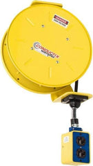 Conductix - 16 AWG, 50' Cable Length, Cord & Cable Reel with Outlet End - 3 Outlets, NEMA 5-15R, 10 Amps, 125 Volts, SOOW-A Cable, Yellow Reel, Spring Driven Reel - Exact Tool & Supply
