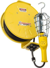 Conductix - 16 AWG, 50' Cable Length, Cord & Cable Reel with Incandescent Hand Lamp End - 1 Outlet, NEMA 5-15R, 10 Amps, 125 Volts, SOOW-A Cable, Yellow Reel, Spring Driven Reel - Exact Tool & Supply