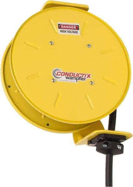 Conductix - 12 AWG, 20' Cable Length, Cord & Cable Reel with Bare End - 3 Outlets, NEMA 5-20R, 20 Amps, SEOW-A Cable, Yellow Reel, Spring Driven Reel - Exact Tool & Supply