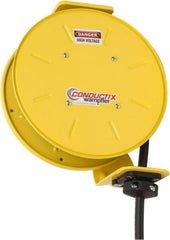 Conductix - 14 AWG, 30' Cable Length, Cord & Cable Reel with Bare End - 3 Outlets, NEMA 5-15R, 15 Amps, SEOW-A Cable, Yellow Reel, Spring Driven Reel - Exact Tool & Supply