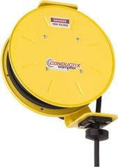 Conductix - 12 AWG, 30' Cable Length, Cord & Cable Reel with Bare End - 3 Outlets, NEMA 5-20R, 20 Amps, SEOW-A Cable, Yellow Reel, Spring Driven Reel - Exact Tool & Supply