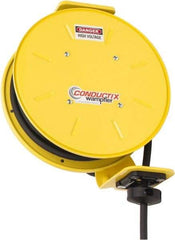 Conductix - 14 AWG, 40' Cable Length, Cord & Cable Reel with Bare End - 3 Outlets, NEMA 5-15R, 15 Amps, SEOW-A Cable, Yellow Reel, Spring Driven Reel - Exact Tool & Supply