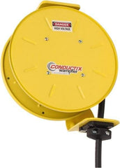 Conductix - 14 AWG, 20' Cable Length, Cord & Cable Reel with Bare End - 4 Outlets, NEMA 5-15R, 12 Amps, SEOW-A Cable, Yellow Reel, Spring Driven Reel - Exact Tool & Supply