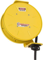 Conductix - 12 AWG, 20' Cable Length, Cord & Cable Reel with Bare End - 4 Outlets, NEMA 5-15R, 16 Amps, SEOW-A Cable, Yellow Reel, Spring Driven Reel - Exact Tool & Supply