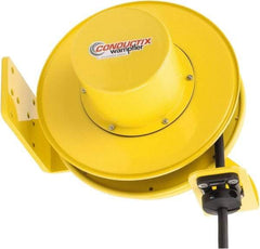 Conductix - 10 AWG, 30' Cable Length, Cord & Cable Reel with Bare End - 4 Outlets, NEMA 5-20R, 20 Amps, SEOW-A Cable, Yellow Reel, Spring Driven Reel - Exact Tool & Supply