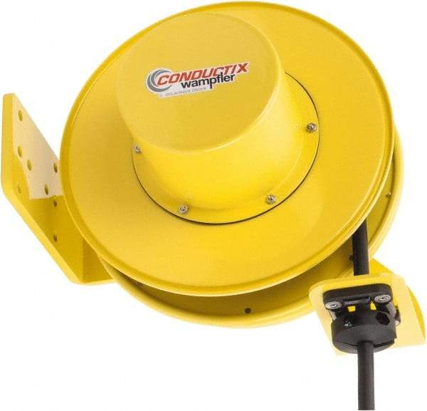 Conductix - 14 AWG, 40' Cable Length, Cord & Cable Reel with Bare End - 4 Outlets, NEMA 5-15R, 12 Amps, SEOW-A Cable, Yellow Reel, Spring Driven Reel - Exact Tool & Supply