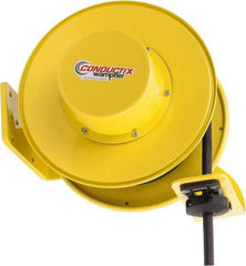 Conductix - 12 AWG, 40' Cable Length, Cord & Cable Reel with Bare End - 4 Outlets, NEMA 5-15R, 16 Amps, SEOW-A Cable, Yellow Reel, Spring Driven Reel - Exact Tool & Supply