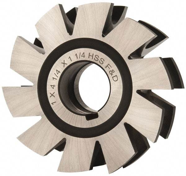 Made in USA - 1/2" Radius, 1" Circle Diam, 4-1/4" Diam x 1.572" Wide Cut, High Speed Steel Concave Radius Cutter - 4-1/4" OAL, Arbor Connection, Uncoated, Form Relieved, 10 Teeth - Exact Tool & Supply