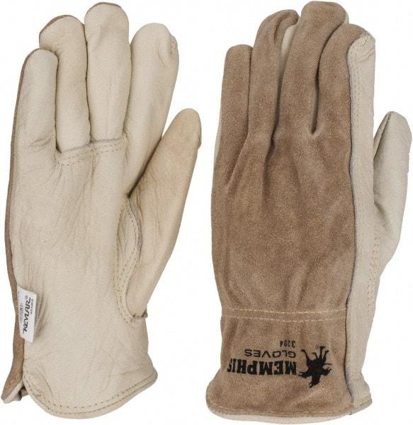 MCR Safety - Size M (8) Split Back/Grain Palm Cowhide General Protection Work Gloves - For Work & Driver, Uncoated, Full Fingered, Cream/Black/Brown, Paired - Exact Tool & Supply