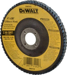 DeWALT - 80 Grit, 4" Disc Diam, 5/8" Center Hole, Type 27 Zirconia Alumina Flap Disc - 15,200 Max RPM, Fiberglass Backing, Arbor Attaching System, Coated - Exact Tool & Supply