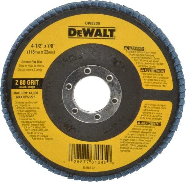 DeWALT - 80 Grit, 4-1/2" Disc Diam, 7/8" Center Hole, Type 29 Zirconia Alumina Flap Disc - 13,300 Max RPM, Fiberglass Backing, Arbor Attaching System, Coated - Exact Tool & Supply