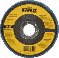 DeWALT - 80 Grit, 4-1/2" Disc Diam, 7/8" Center Hole, Type 29 Zirconia Alumina Flap Disc - 13,300 Max RPM, Fiberglass Backing, Arbor Attaching System, Coated - Exact Tool & Supply