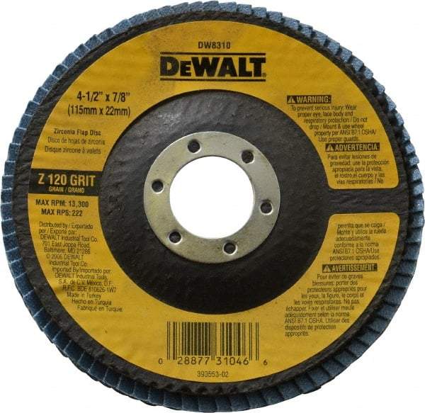 DeWALT - 120 Grit, 4-1/2" Disc Diam, 7/8" Center Hole, Type 29 Zirconia Alumina Flap Disc - 13,300 Max RPM, Fiberglass Backing, Arbor Attaching System, Coated - Exact Tool & Supply