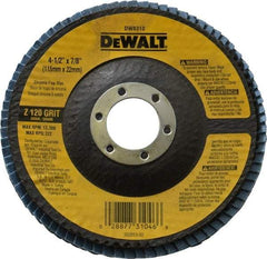 DeWALT - 120 Grit, 4-1/2" Disc Diam, 7/8" Center Hole, Type 29 Zirconia Alumina Flap Disc - 13,300 Max RPM, Fiberglass Backing, Arbor Attaching System, Coated - Exact Tool & Supply