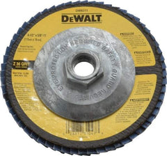 DeWALT - 36 Grit, 4-1/2" Disc Diam, 5/8-11 Center Hole, Type 29 Zirconia Alumina Flap Disc - 13,300 Max RPM, Fiberglass Backing, Arbor Attaching System, Coated - Exact Tool & Supply