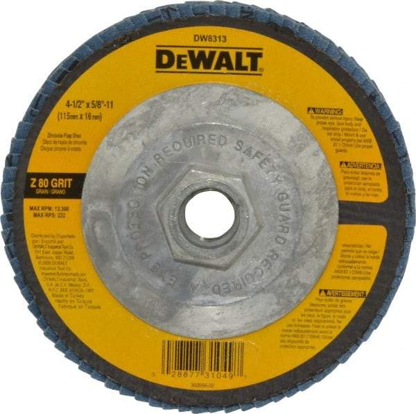 DeWALT - 80 Grit, 4-1/2" Disc Diam, 5/8-11 Center Hole, Type 29 Zirconia Alumina Flap Disc - 13,300 Max RPM, Fiberglass Backing, Arbor Attaching System, Coated - Exact Tool & Supply