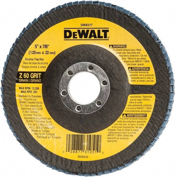 DeWALT - 60 Grit, 5" Disc Diam, 7/8" Center Hole, Type 29 Zirconia Alumina Flap Disc - 12,200 Max RPM, Fiberglass Backing, Arbor Attaching System, Coated - Exact Tool & Supply