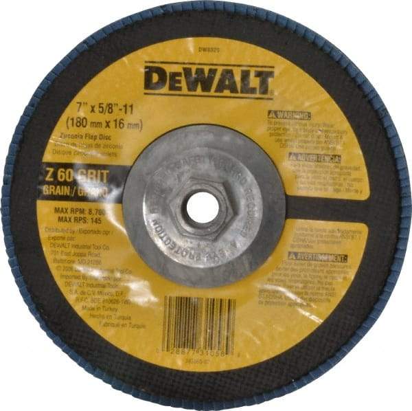 DeWALT - 60 Grit, 7" Disc Diam, 5/8-11 Center Hole, Type 29 Zirconia Alumina Flap Disc - 8,700 Max RPM, Fiberglass Backing, Arbor Attaching System, Coated - Exact Tool & Supply