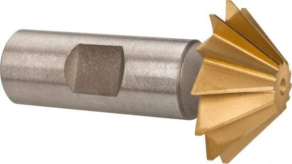 Made in USA - 1-1/2" Diam x 1/2" Width of Cut, 45° Included Angle, Shank Connection, High Speed Steel Single Angle Cutter - 3/4" Shank Diam, 2-3/4" Overall Length, Right Hand Cut, TiN Coated - Exact Tool & Supply