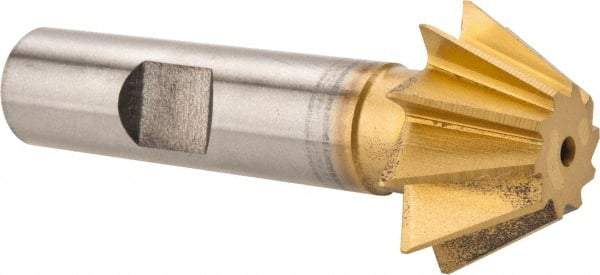 Made in USA - 1" Diam x 7/16" Width of Cut, 60° Included Angle, Shank Connection, High Speed Steel Single Angle Cutter - 1/2" Shank Diam, 2-1/2" Overall Length, Right Hand Cut, TiN Coated - Exact Tool & Supply