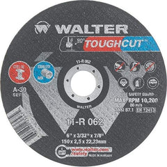 WALTER Surface Technologies - 6" 30 Grit Aluminum Oxide Cutoff Wheel - 3/32" Thick, 7/8" Arbor, 10,200 Max RPM, Use with Angle Grinders - Exact Tool & Supply