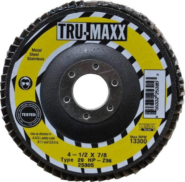 Tru-Maxx - 36 Grit, 4-1/2" Disc Diam, 7/8" Center Hole, Type 29 Zirconia Alumina Flap Disc - 13,300 Max RPM, Arbor Attaching System, Coated - Exact Tool & Supply