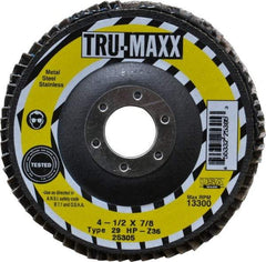 Tru-Maxx - 36 Grit, 4-1/2" Disc Diam, 7/8" Center Hole, Type 29 Zirconia Alumina Flap Disc - 13,300 Max RPM, Arbor Attaching System, Coated - Exact Tool & Supply