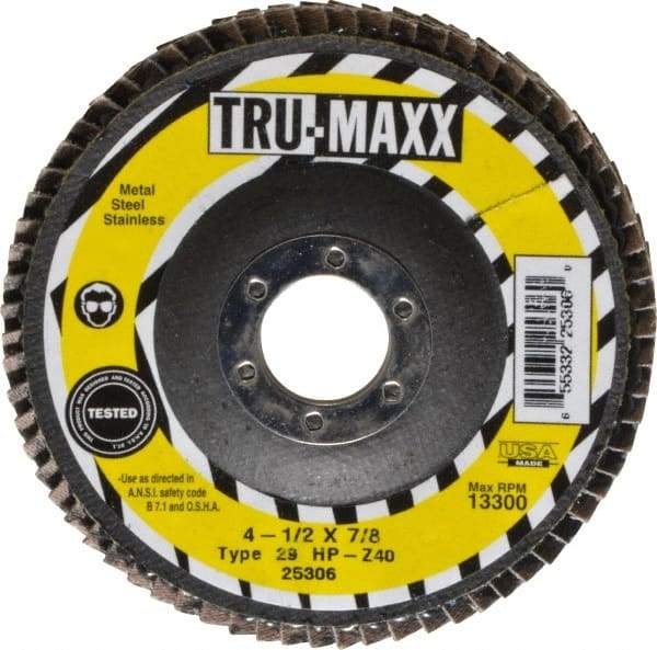 Tru-Maxx - 40 Grit, 4-1/2" Disc Diam, 7/8" Center Hole, Type 29 Zirconia Alumina Flap Disc - 13,300 Max RPM, Arbor Attaching System, Coated - Exact Tool & Supply