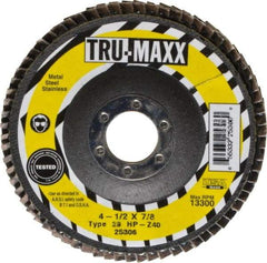 Tru-Maxx - 40 Grit, 4-1/2" Disc Diam, 7/8" Center Hole, Type 29 Zirconia Alumina Flap Disc - 13,300 Max RPM, Arbor Attaching System, Coated - Exact Tool & Supply