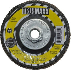 Tru-Maxx - 60 Grit, 4-1/2" Disc Diam, 5/8-11 Center Hole, Type 29 Zirconia Alumina Flap Disc - 13,300 Max RPM, Arbor Attaching System, Coated - Exact Tool & Supply