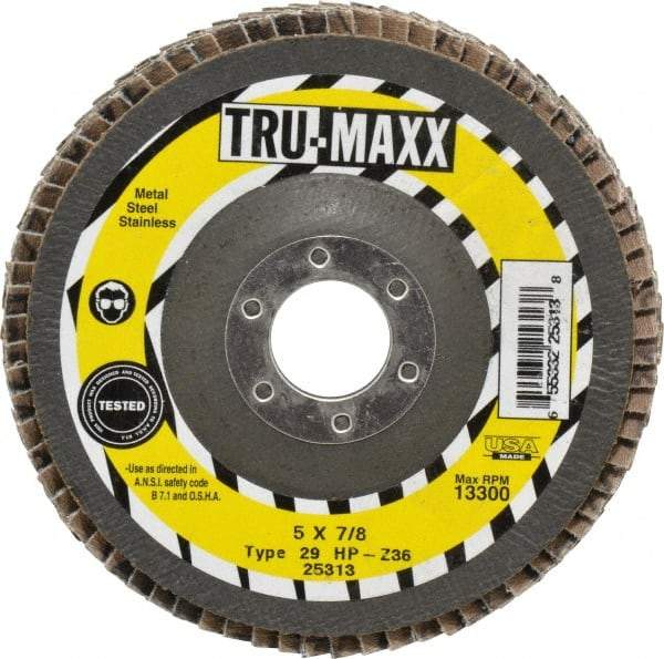 Tru-Maxx - 36 Grit, 5" Disc Diam, 7/8" Center Hole, Type 29 Zirconia Alumina Flap Disc - 12,200 Max RPM, Arbor Attaching System, Coated - Exact Tool & Supply
