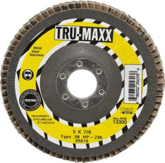 Tru-Maxx - 36 Grit, 5" Disc Diam, 7/8" Center Hole, Type 29 Zirconia Alumina Flap Disc - 12,200 Max RPM, Arbor Attaching System, Coated - Exact Tool & Supply