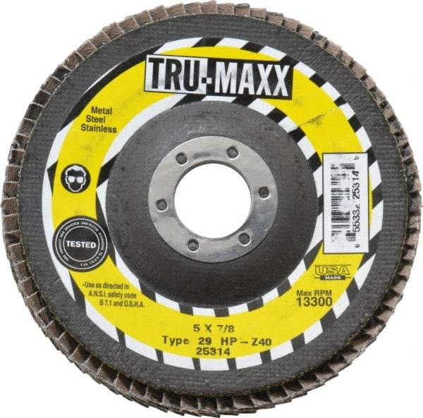 Tru-Maxx - 40 Grit, 5" Disc Diam, 7/8" Center Hole, Type 29 Zirconia Alumina Flap Disc - 12,200 Max RPM, Arbor Attaching System, Coated - Exact Tool & Supply