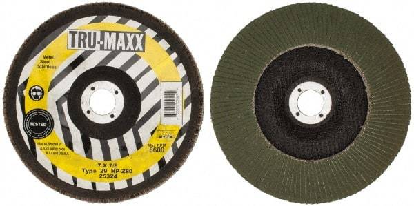 Tru-Maxx - 80 Grit, 7" Disc Diam, 7/8" Center Hole, Type 29 Zirconia Alumina Flap Disc - 8,600 Max RPM, Arbor Attaching System, Coated - Exact Tool & Supply