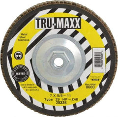 Tru-Maxx - 40 Grit, 7" Disc Diam, 5/8-11 Center Hole, Type 29 Zirconia Alumina Flap Disc - 8,600 Max RPM, Arbor Attaching System, Coated - Exact Tool & Supply