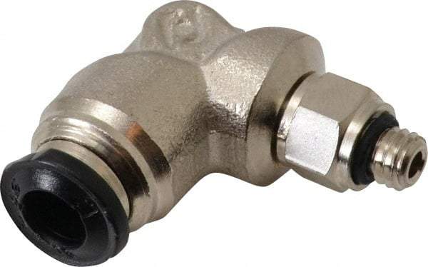 Alpha Technologies - 5mm Outside Diam, M5 Metric, Nickel Plated Brass Push-to-Connect Tube Male Swivel Elbow - 250 Max psi, Tube to Metric Thread Connection, Buna O-Ring - Exact Tool & Supply